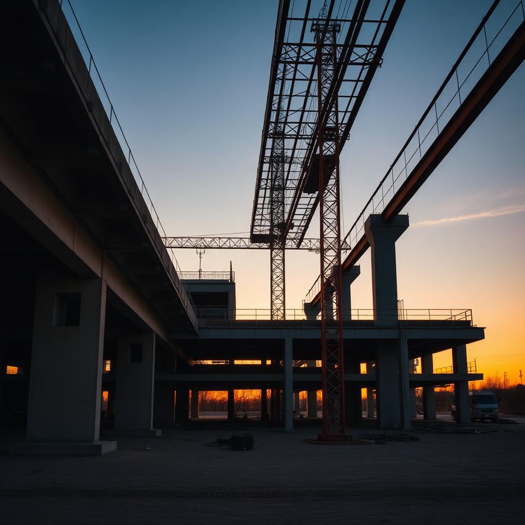 Estructura de obra en construcción al atardecer con vigas de acero