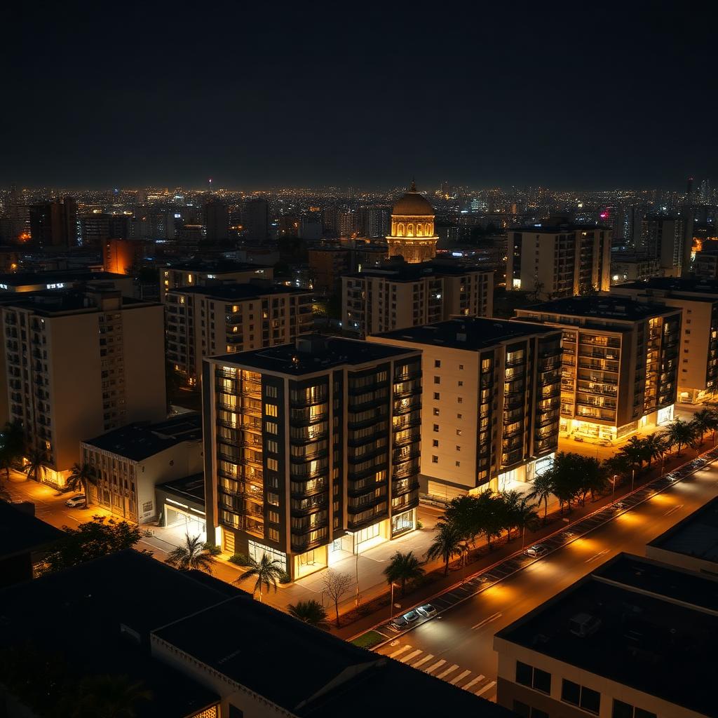 Vista aérea nocturna de edificios modernos en Santa Cruz de la Sierra