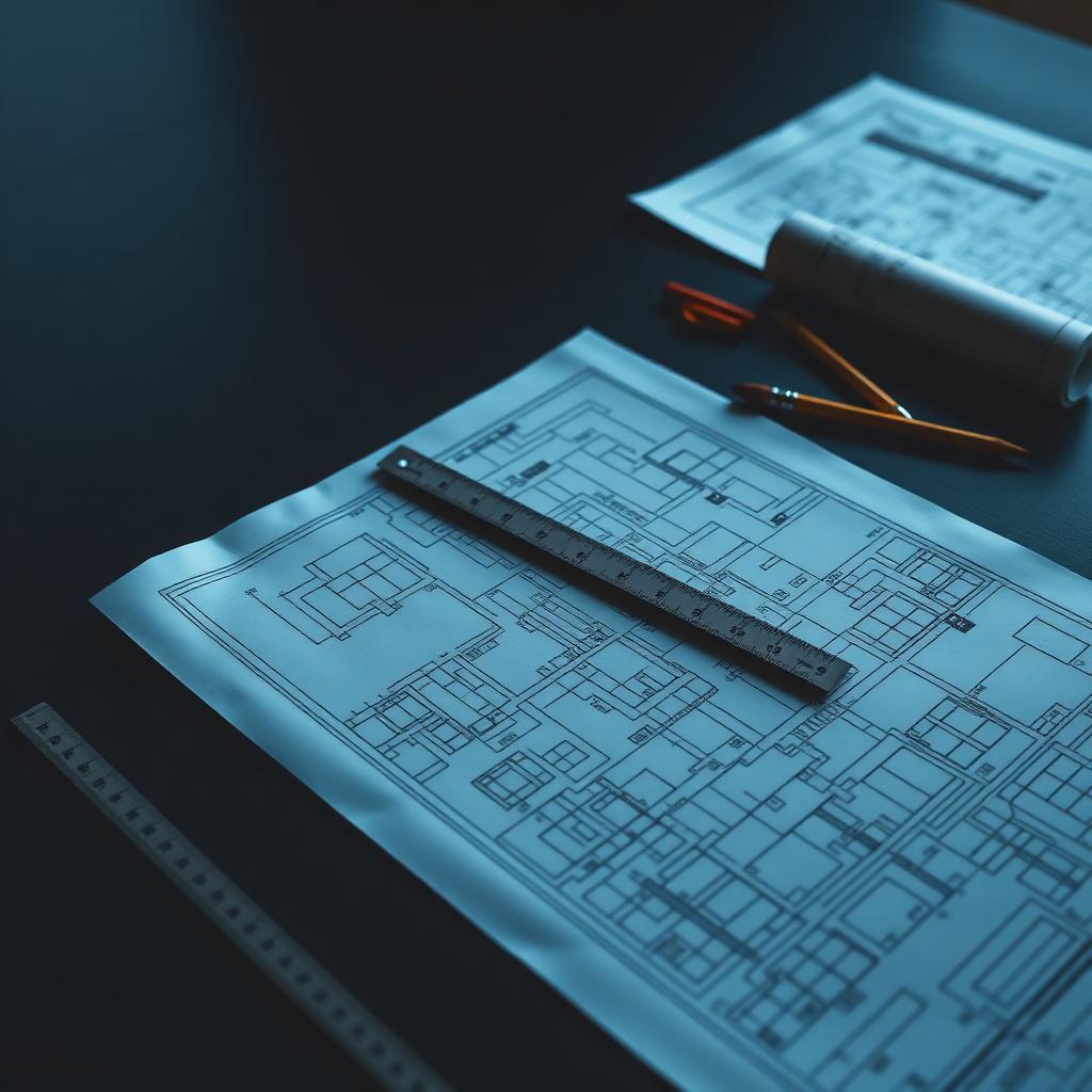 Planos arquitectónicos y herramientas de planificación sobre una mesa oscura